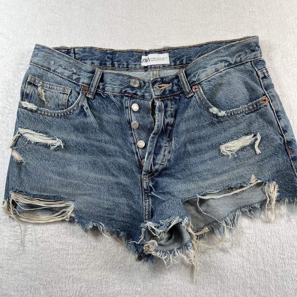 Zara Shorts Womens 8 Blue Denim Cut-Off Distressed Button Fly Frayed Hem